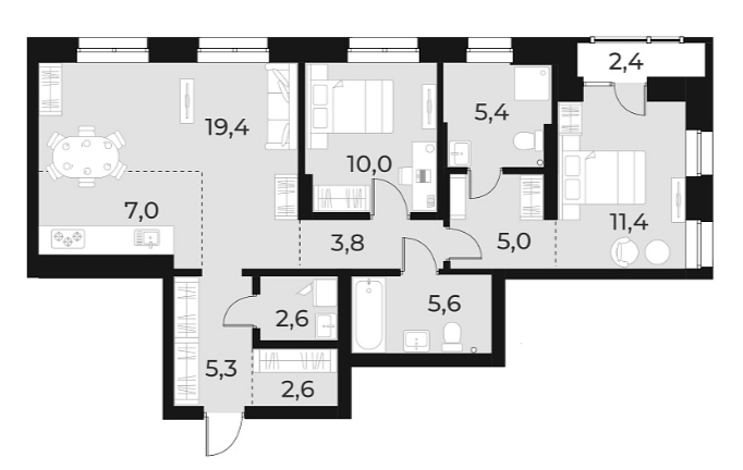 Планировка 3е-к. квартира 78.10 м² в ЖК «Русское солнце»