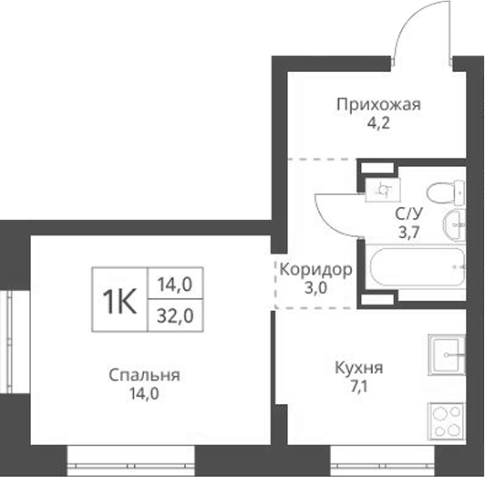 Планировка 1-к.кв 32.00 м² в ЖК «Экоград 12 дворов»