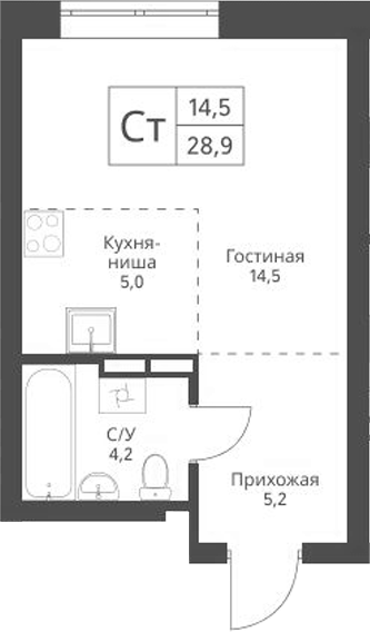 Планировка студии 28.90 м² в ЖК «Экоград 12 дворов»