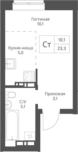 Планировка студии 23.30 м² в ЖК «Экоград 12 дворов»