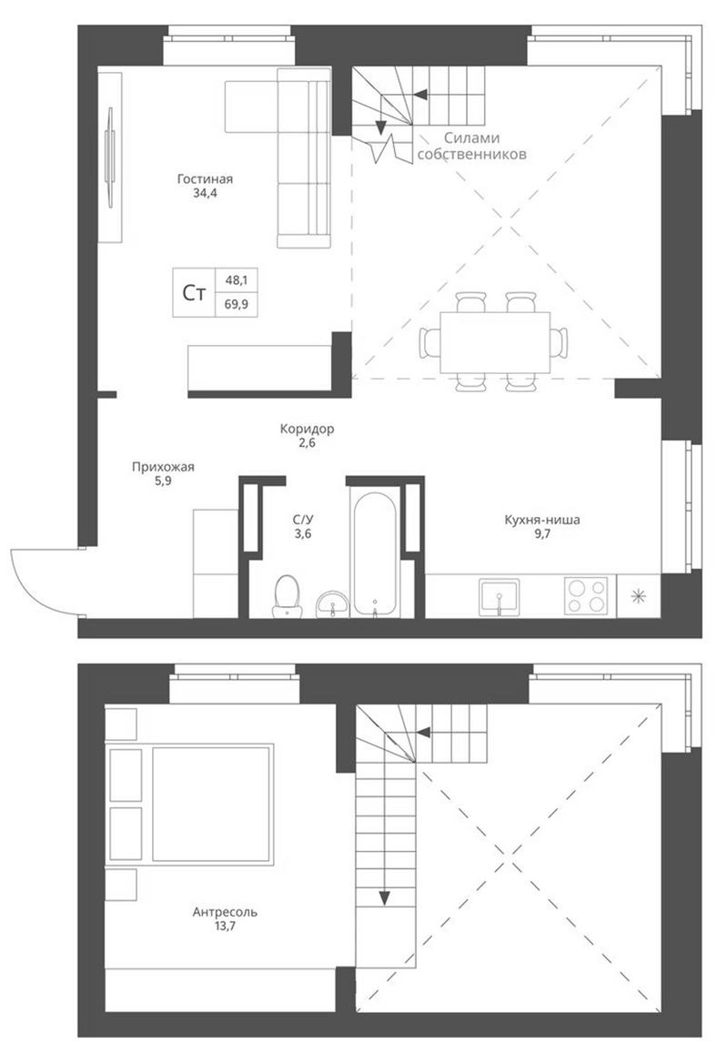 Планировка студии 56.20 м² в ЖК «Экоград 12 дворов»
