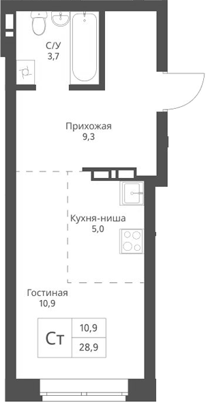 Планировка студии 28.90 м² в ЖК «Экоград 12 дворов»