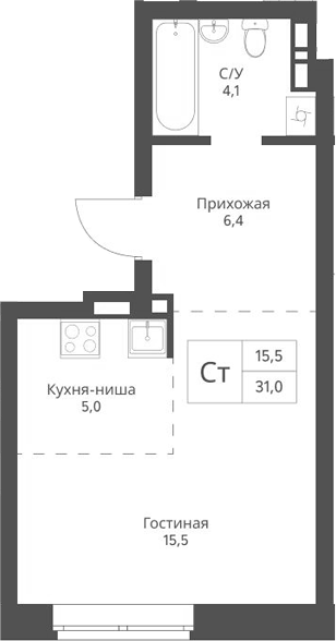 Планировка студии 31.00 м² в ЖК «Экоград 12 дворов»