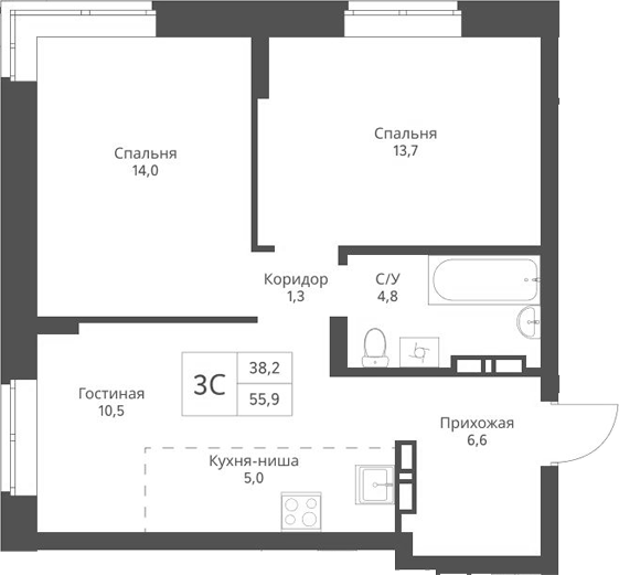 Планировка 3е-к.кв 55.90 м² в ЖК «Экоград 12 дворов»