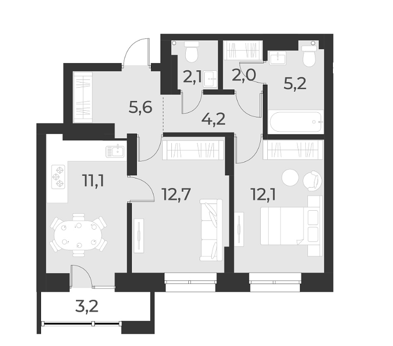 Планировка 2-к.кв 55.00 м² в ЖК «Русское солнце»