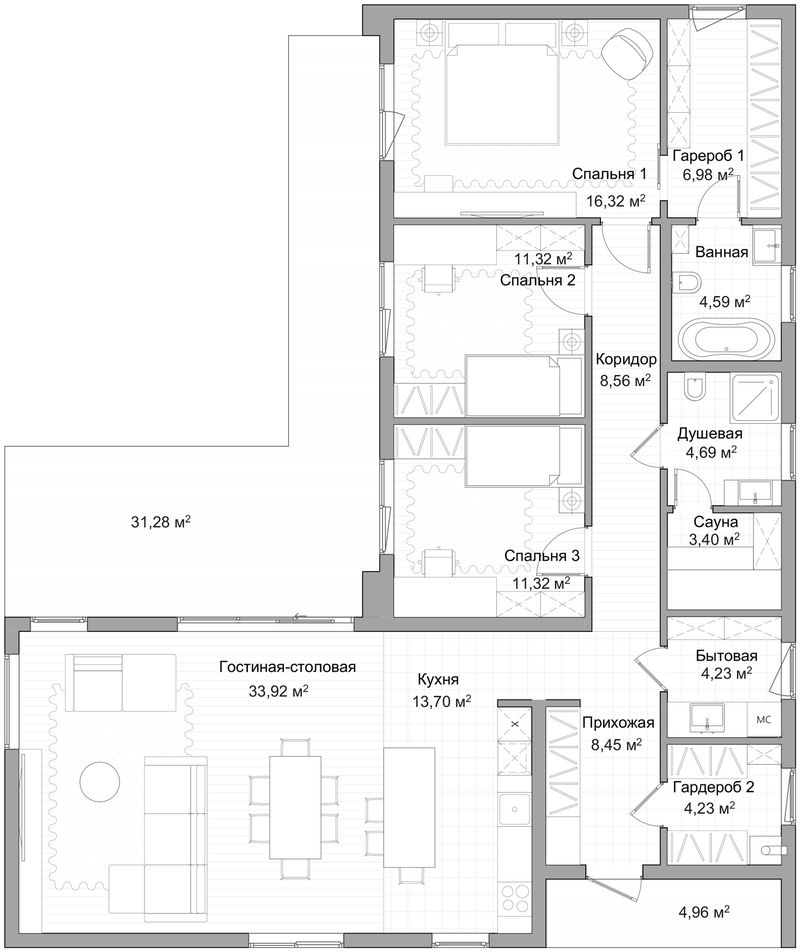 Планировка коттеджи 131.71 м² в ЖК «Коттеджный поселок ЮНИТ ХАУС»