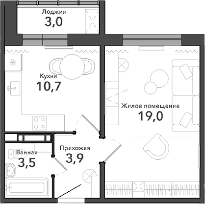Планировка 1-к.кв 37.10 м² в ЖК «Околица»