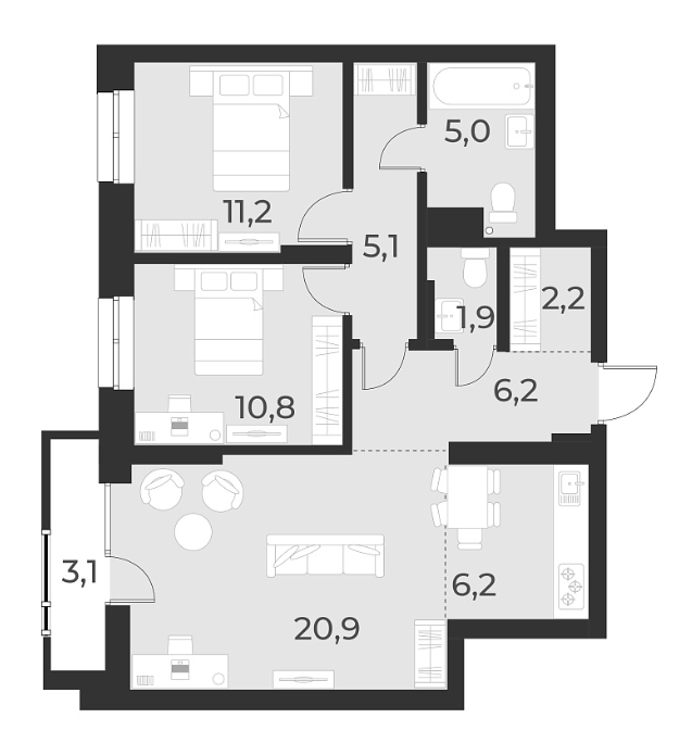 Планировка 3е-к.кв 69.50 м² в ЖК «Русское солнце»
