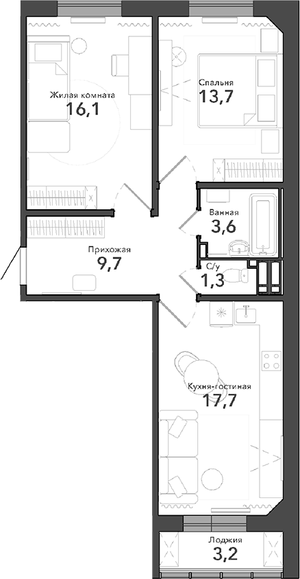 Планировка 3е-к.кв 62.10 м² в ЖК «Околица»
