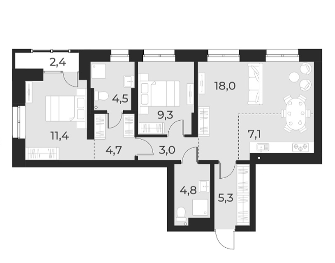 Планировка 3е-к. квартира 68.10 м² в ЖК «Русское солнце»