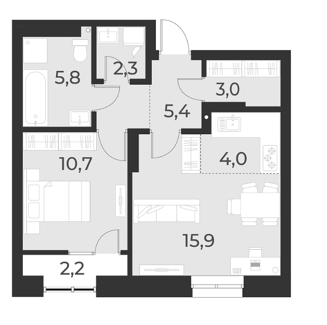 Планировка 2е-к. квартира 47.10 м² в ЖК «Русское солнце»