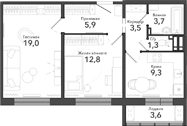 Планировка 2-к. квартира 55.50 м² в ЖК «Околица»