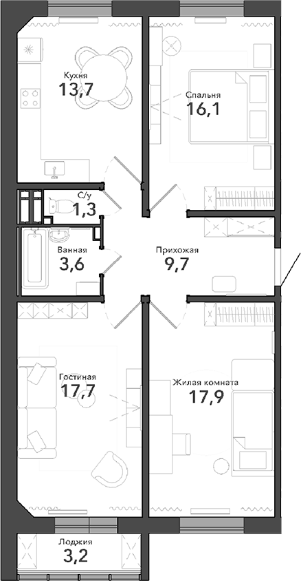 Планировка 3-к. квартира 80.00 м² в ЖК «Околица»