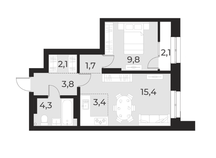 Планировка 2е-к. квартира 40.50 м² в ЖК «Русское солнце»