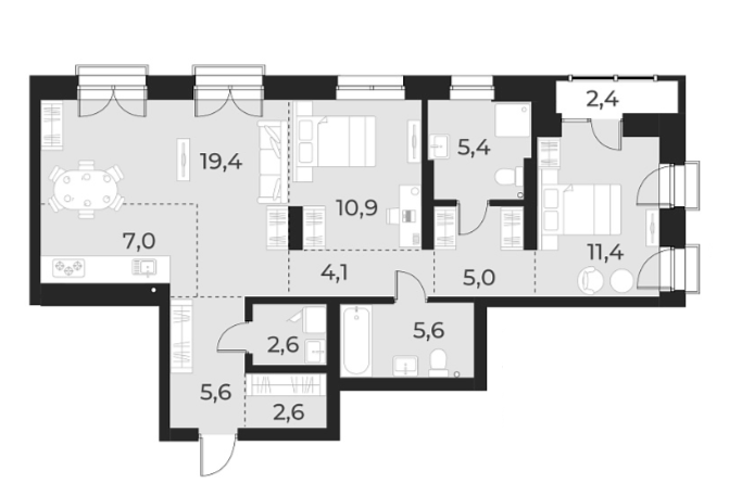 Планировка 3е-к. квартира 79.60 м² в ЖК «Русское солнце»