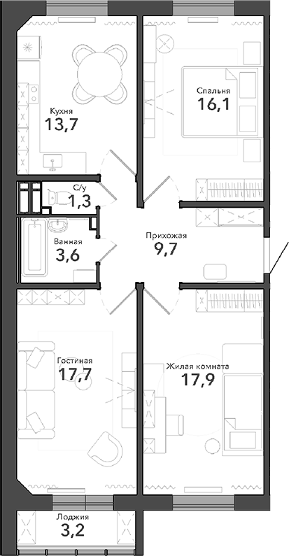 Планировка 3-к. квартира 80.00 м² в ЖК «Околица»