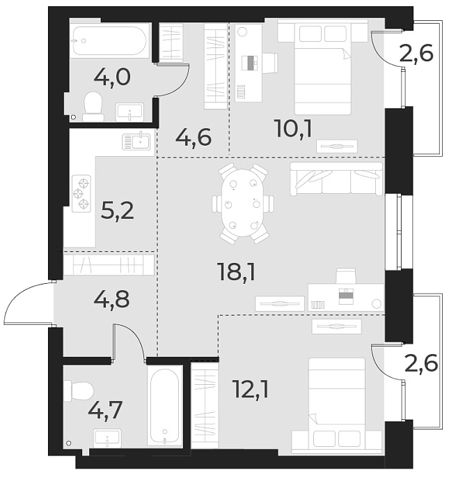 Планировка 3е-к.кв 63.60 м² в ЖК «Русское солнце»