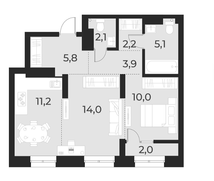 Планировка 2-к.кв 54.30 м² в ЖК «Русское солнце»