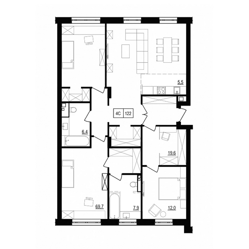 Планировка 4е-к.кв 122.00 м² в ЖК «Жуковка»