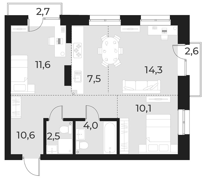 Планировка 3е-к. квартира 60.60 м² в ЖК «Русское солнце»