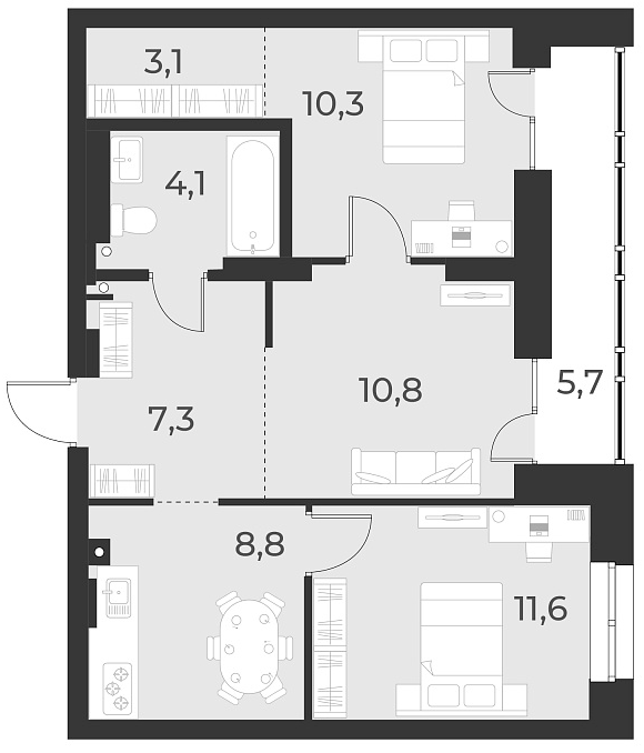 Планировка 3-к. квартира 56.00 м² в ЖК «Русское солнце»