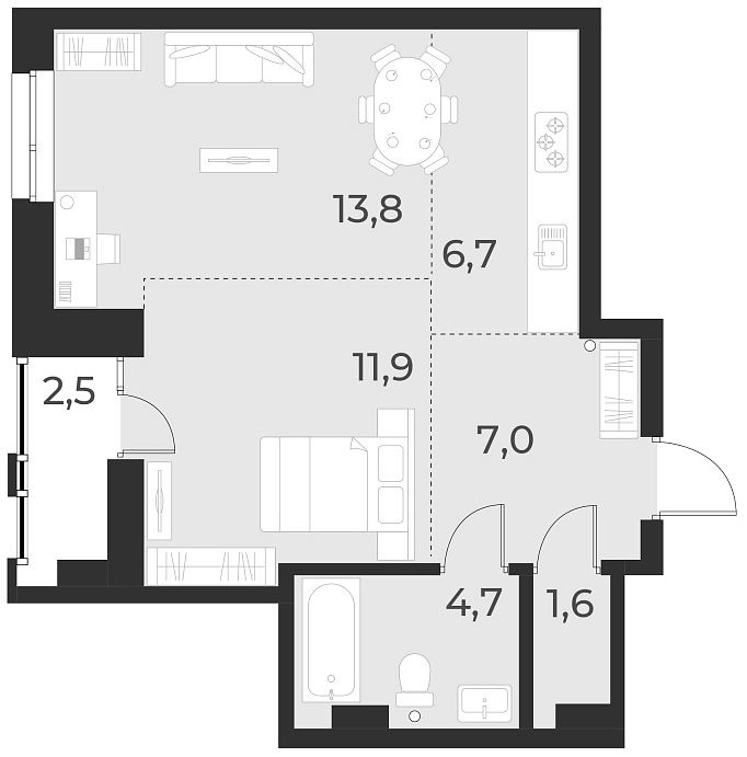 Планировка 2е-к.кв 45.70 м² в ЖК «Русское солнце»