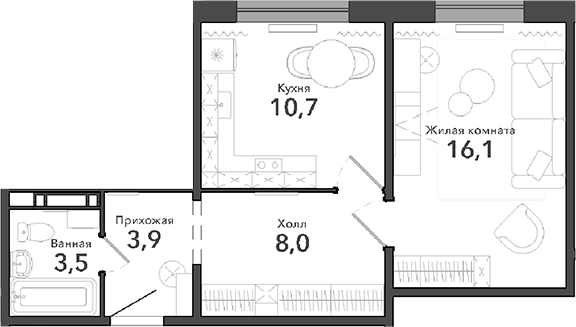 Планировка 1-к.кв 42.20 м² в ЖК «Околица»