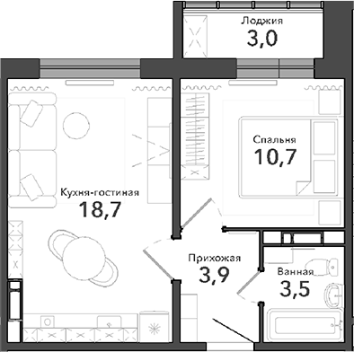 Планировка 2е-к.кв 36.80 м² в ЖК «Околица»