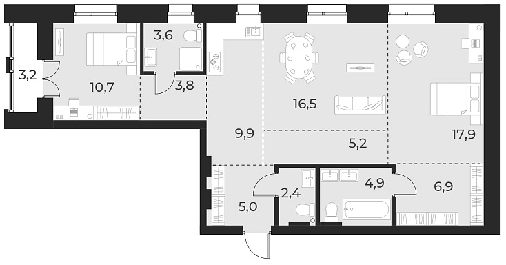 Планировка 3е-к.кв 86.80 м² в ЖК «Русское солнце»