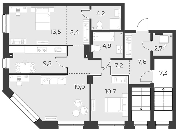 Планировка 3-к. квартира 92.90 м² в ЖК «Русское солнце»