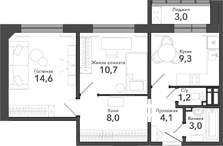 Планировка 2-к.кв 50.90 м² в ЖК «Околица»