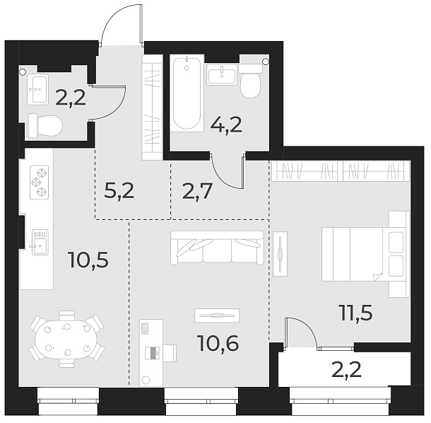 Планировка 2-к. квартира 46.90 м² в ЖК «Русское солнце»