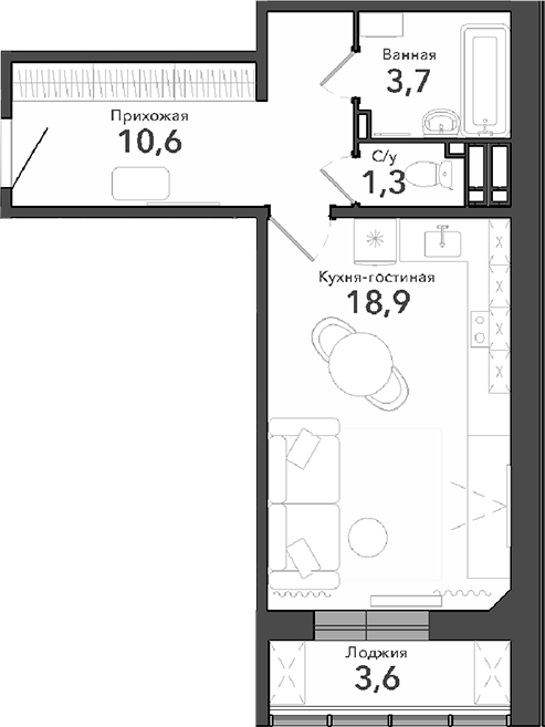 Планировка студии 34.50 м² в ЖК «Околица»