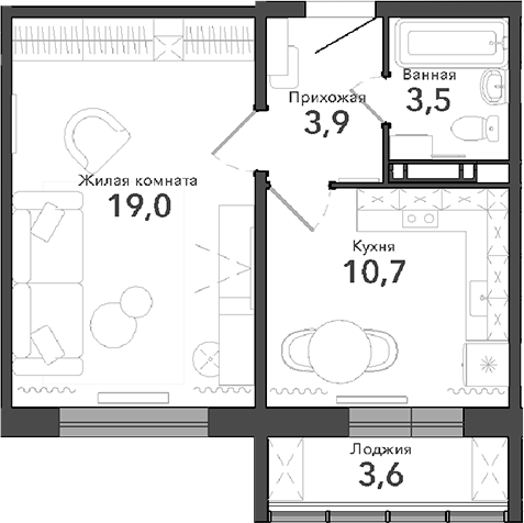 Планировка 1-к.кв 37.10 м² в ЖК «Околица»