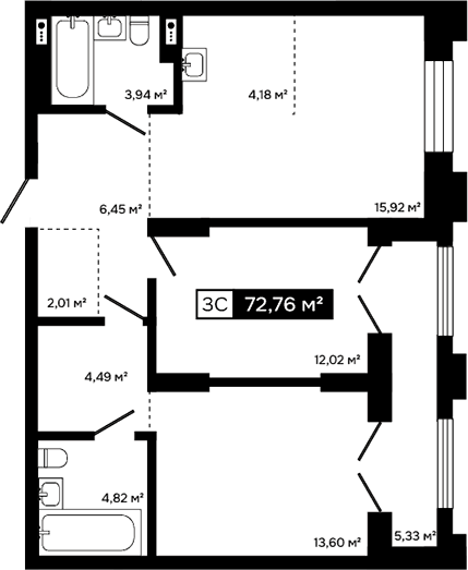 Планировка 3е-к.кв 67.43 м² в ЖК «Платина»