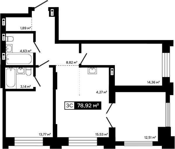 Планировка 3е-к.кв 66.41 м² в ЖК «Платина»