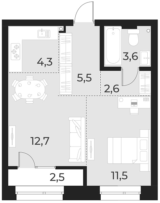 Планировка 2е-к. квартира 40.20 м² в ЖК «Русское солнце»