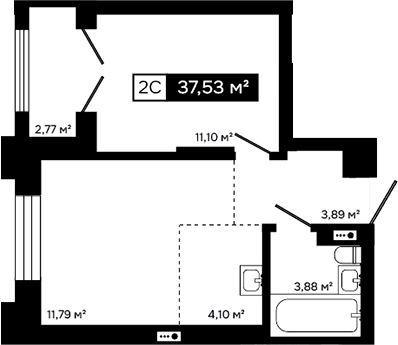 Планировка 2е-к.кв 34.76 м² в ЖК «Платина»