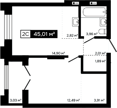 Планировка 2е-к.кв 41.98 м² в ЖК «Платина»