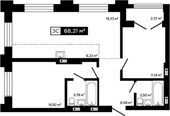 Планировка 3е-к.кв 65.84 м² в ЖК «Платина»