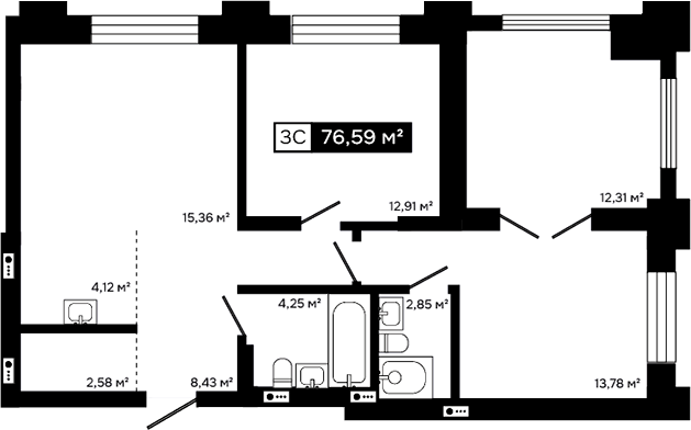 Планировка 3е-к.кв 64.28 м² в ЖК «Платина»