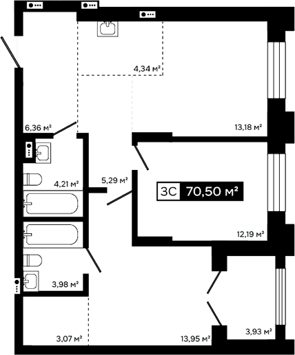 Планировка 3е-к.кв 66.57 м² в ЖК «Платина»