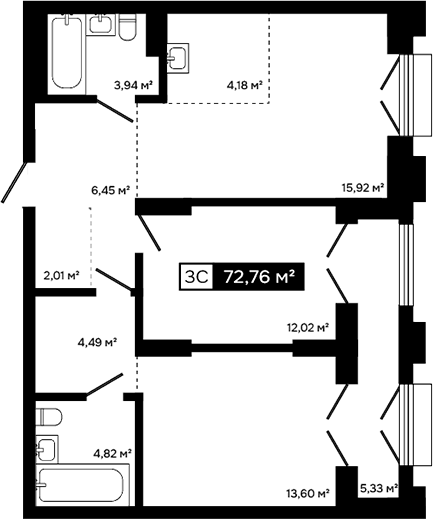 Планировка 3е-к.кв 67.43 м² в ЖК «Платина»