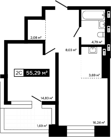 Планировка 2е-к.кв 53.60 м² в ЖК «Платина»