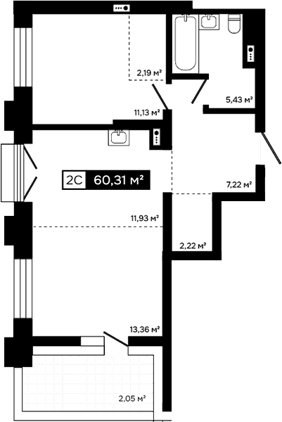Планировка 2е-к.кв 58.26 м² в ЖК «Платина»