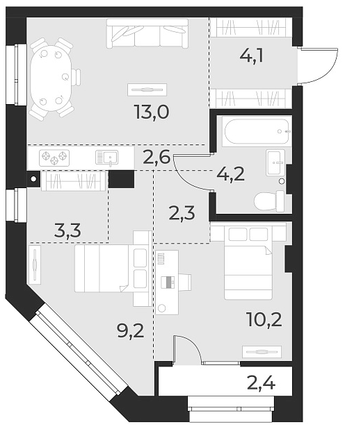 Планировка 3е-к. квартира 48.90 м² в ЖК «Русское солнце»