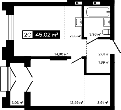 Планировка 2е-к.кв 41.99 м² в ЖК «Платина»