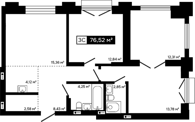 Планировка 3е-к.кв 64.21 м² в ЖК «Платина»