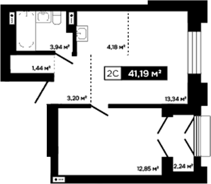 Планировка 2е-к.кв 38.95 м² в ЖК «Платина»