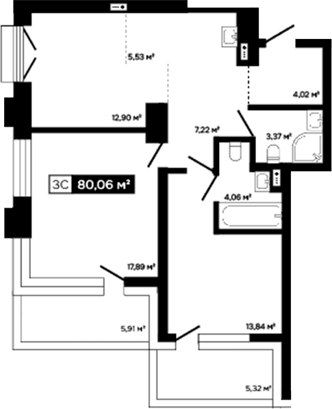 Планировка 3е-к.кв 68.83 м² в ЖК «Платина»